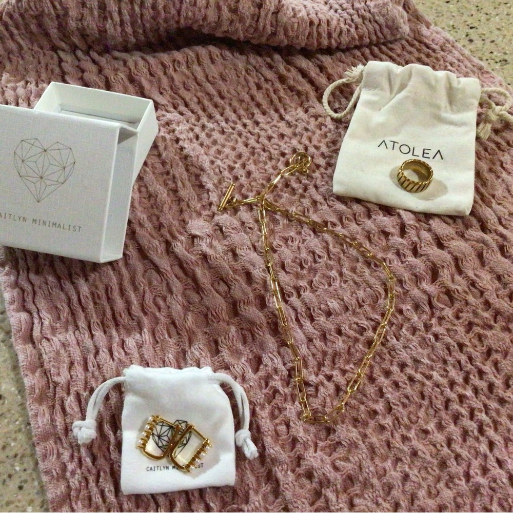 14 karat overlay, 16 inch necklace, size 6 ring, and hugger earrings,